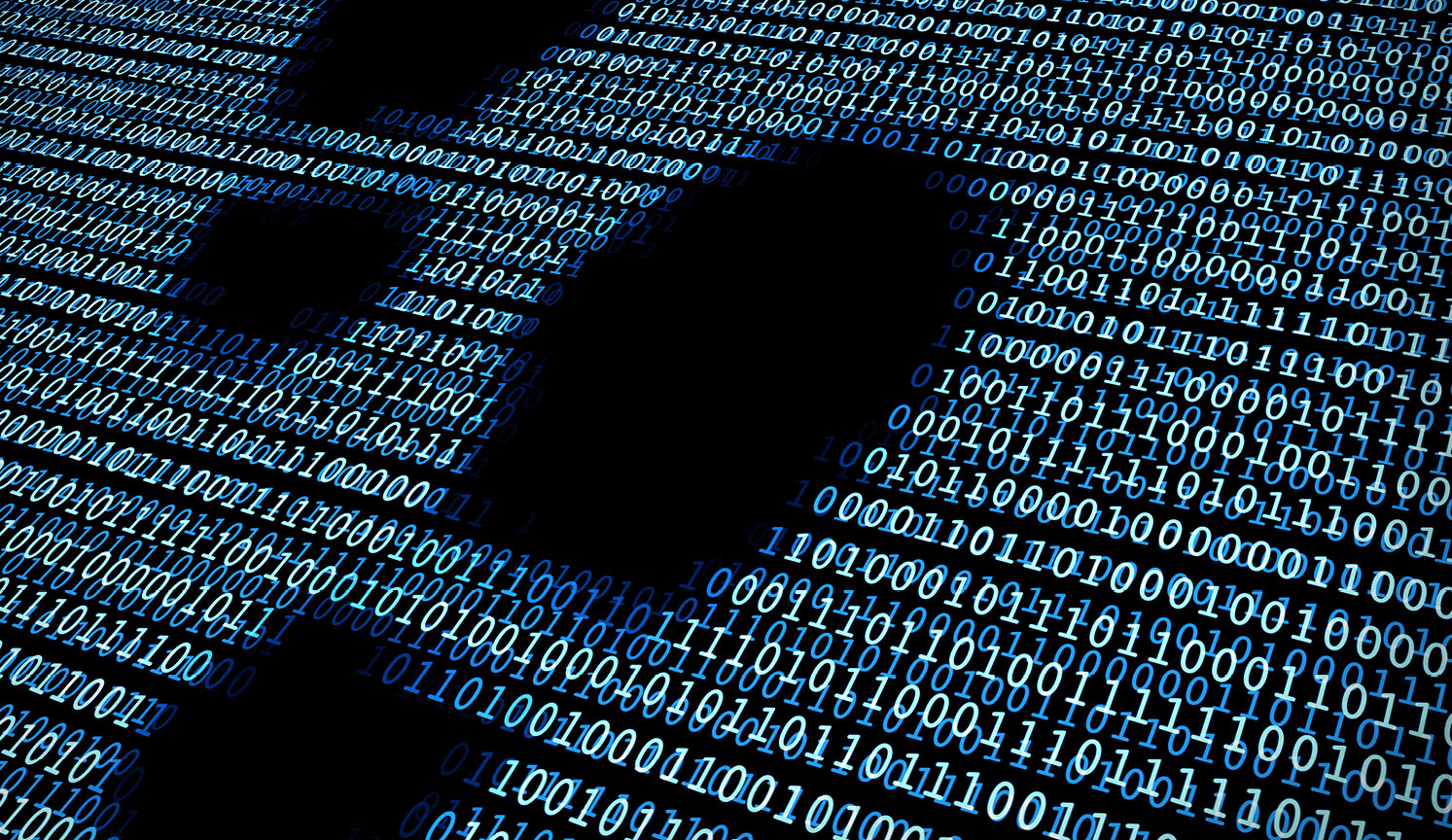 dark footprint shapes against a background of binary code